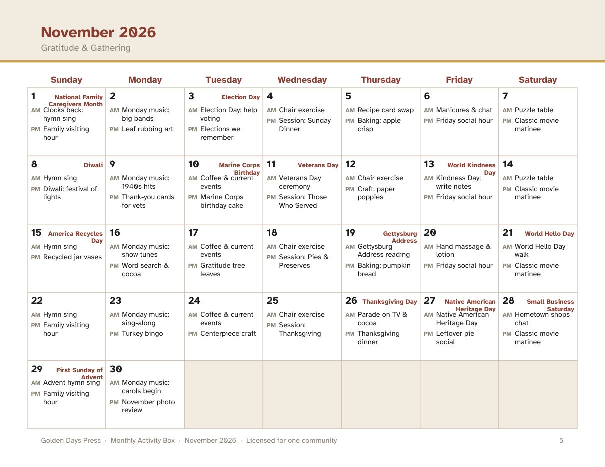 The filled November calendar: two activities a day, every observance marked