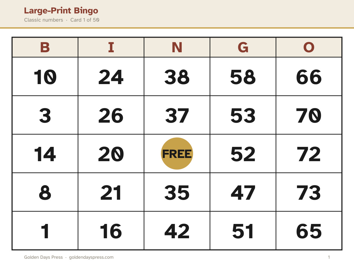 A classic large-print number bingo card from the pack