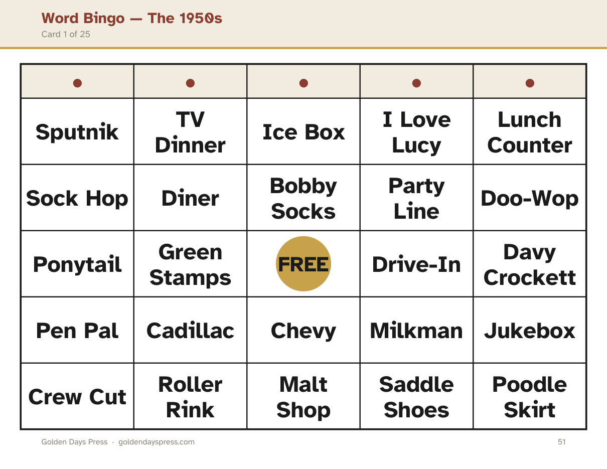 A 1950s word-bingo card from the pack