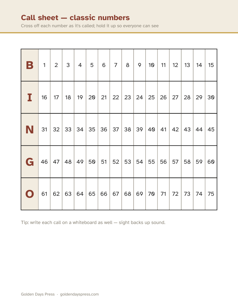 The call sheet for classic number bingo