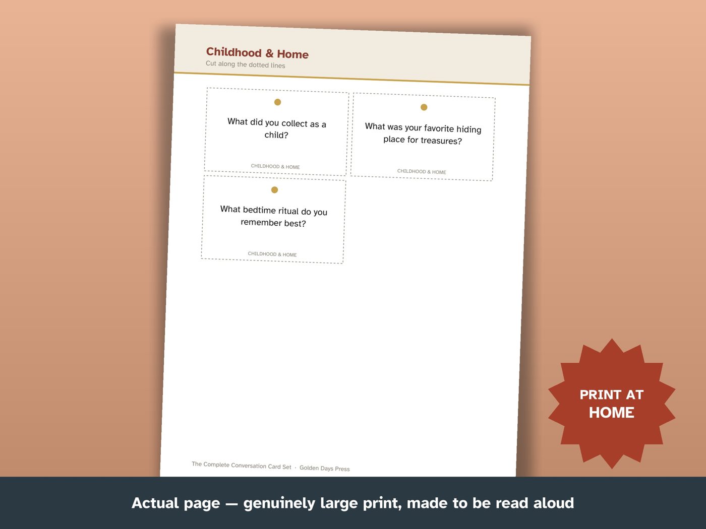 Close-up of one large-print conversation card