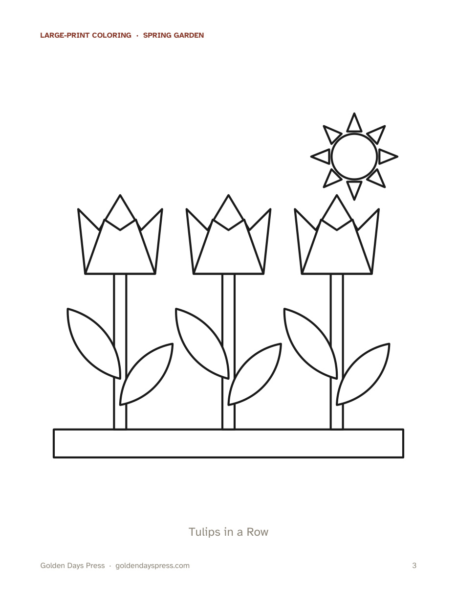 Tulips in a Row — a bold-line coloring page from the pack