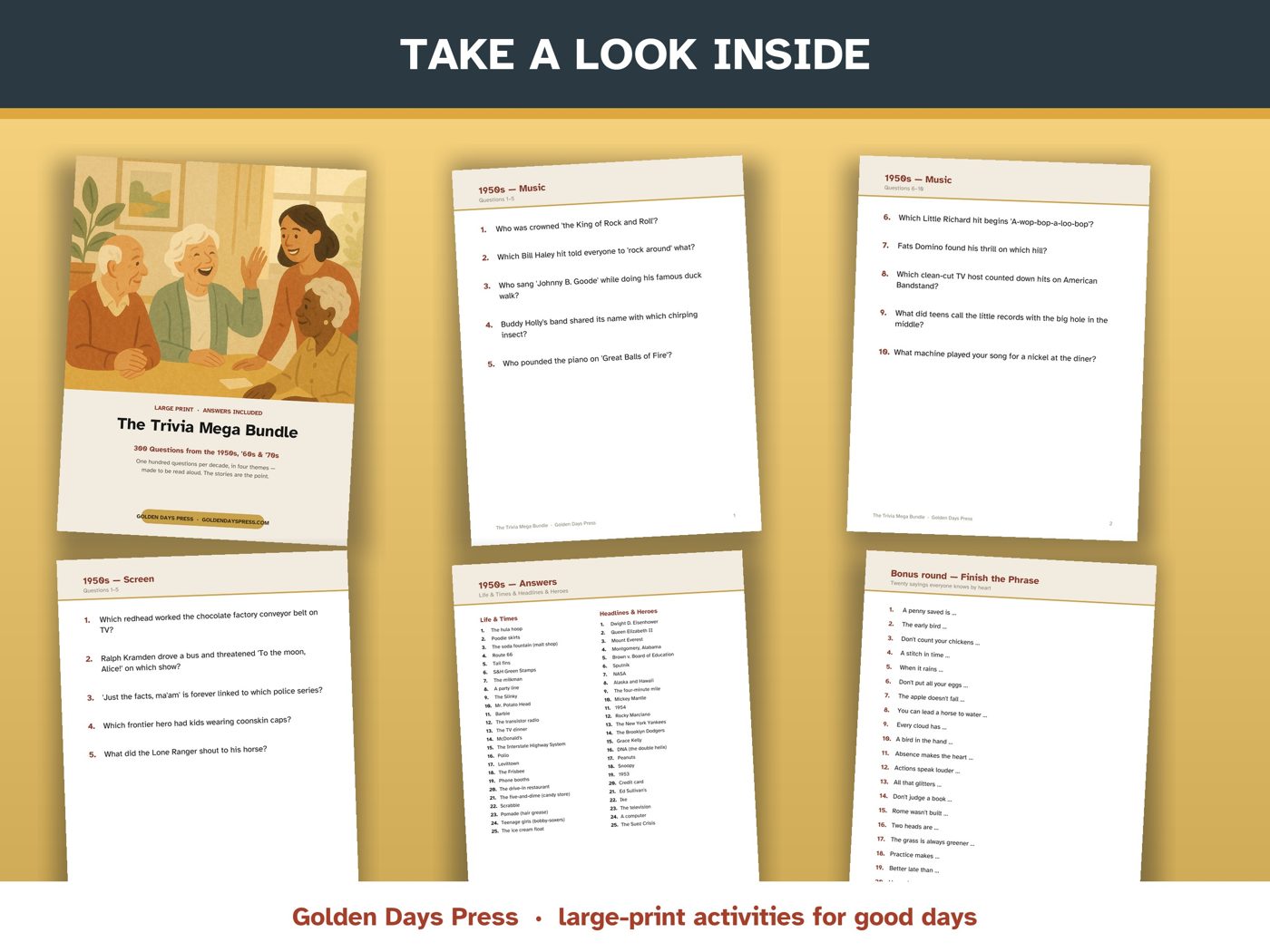 Six question pages from the trivia pack