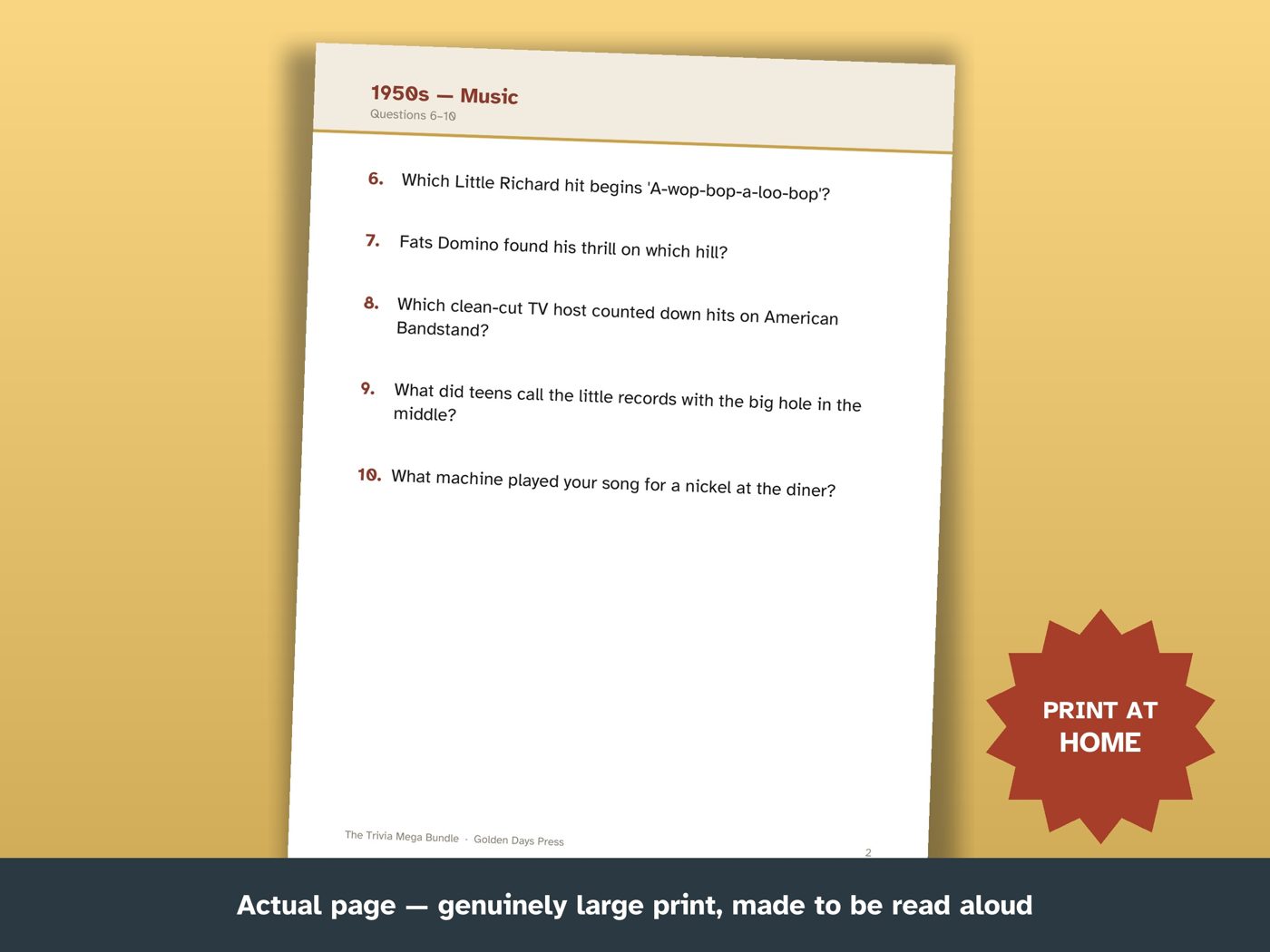 Close-up of one large-print trivia page
